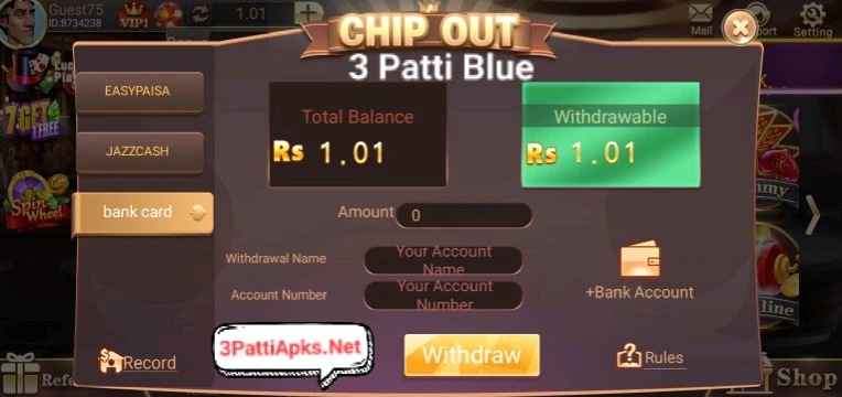 How to Withdraw Money from 3 Patti Blue to JazzCash EasyPaisa